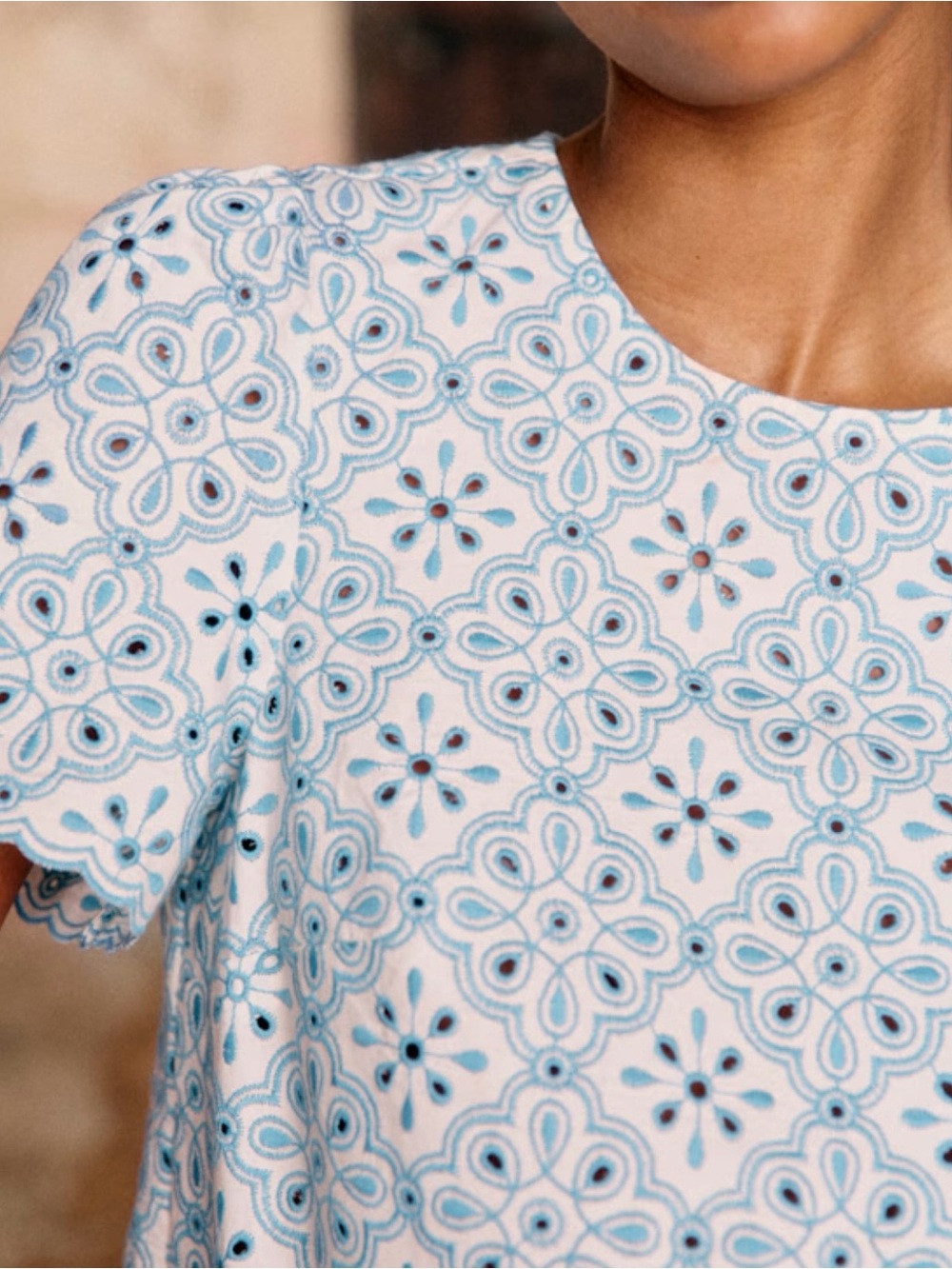 Sezane Womenβs Blue Eyelet albina Short Sleeve blouse
